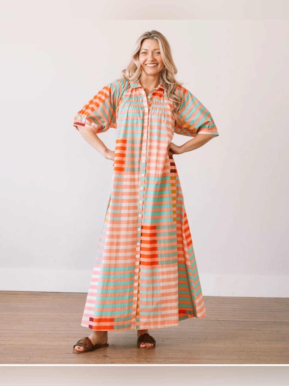 Sunshine tienda L maxi APRICOT COLORFUL STRIPE OASIS DRESS a-line summer vaca